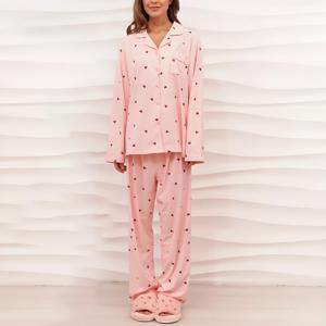 Set <span class=keywords><strong>Pigiama</strong></span> Invernale di Alta Qualità per Donna in Cotone Organico e Bambù, Colletto a Risvolto, Stampa a <span class=keywords><strong>Cuori</strong></span>, Morbido <span class=keywords><strong>Pigiama</strong></span> Lungo in Modal - Product Image 3