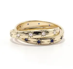 14K Gold Jewelry Sapphire and Diamond Carved Star Rolling Ring