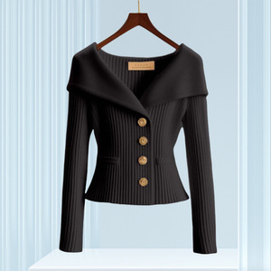 Suéter de punto de manga larga para mujer, de diseño avanzado, con solapa grande, de color liso, ajustado, de moda - Product Image 2