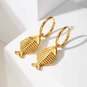 2026 18K Gold Plated Stainless Steel Fishbone Hoop <b>Earrings</b> Vintage <b>Funky</b> Fish Bone Drop Dangle <b>Earring</b> Jewelry for Women - Product Image 3