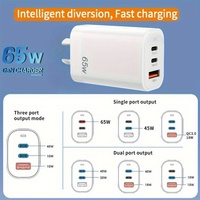 Adaptor Charger Dinding Pengisian Cepat Cerdas 65W GaN 3 Port USB A Dual Type C PD QC3.0 dengan Colokan AU EU