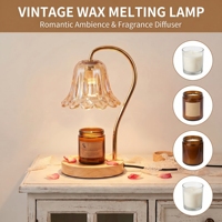 Lampe chauffe-bougie électrique avec base en bois et abat-jour en verre rétro à motif floral