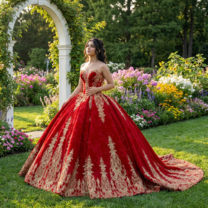 Dy6969 Quinceanera Dress <b>Red</b> Organza <b>Sequined</b> Lace Ball Gown with Chapel Train for Candy Color Natural Waistline Ruffles - Product Image 1
