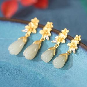 Pendientes de Plata de Ley S925 con Baño de Oro, Circonita, Jade Hetian, Estilo Étnico Retro, Flor de Loto y Magnolia, para Mujer, Moda, Colgantes - Product Image 4