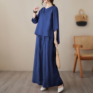 Women's Cotton <b>Linen</b> Two Piece <b>Set</b> Three Quarter Sleeve Solid Color Breathable Casual Suit Summer Fashion - Product Image 2