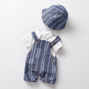 Elegante Traje de Tirantes de Verano para Niños, <span class=keywords><strong>Ropa</strong></span> para Bebés de Un Año, Conjunto de Tres Piezas de Manga Corta con Gorros de Pescador - Product Image 1