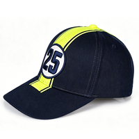 Gorra de Béisbol Estructurada de 6 Paneles Personalizada de Fábrica, Negra, de Algodón Twill Pesado, con Logotipo Bordado Vertical, Visera Amarilla para Equipo de Carreras