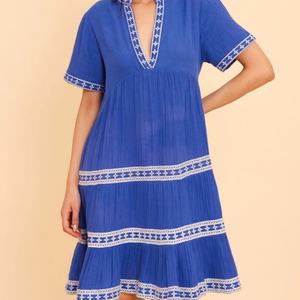 Robe d'été midi décontractée en coton et lin, col en V, manches longues, coupe trapèze, personnalisable et élégante pour femme - Product Image 6