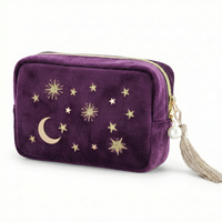 Pochette cosmétique en velours brodée sur mesure pour la vente en gros, avec fermeture éclair à pompon, étui de rangement pour maquillage, trousse de maquillage pratique