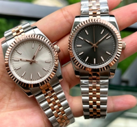 Montre de couple de style luxueux bicolore or rose et argent, avec lunette cannelée, pour homme et femme