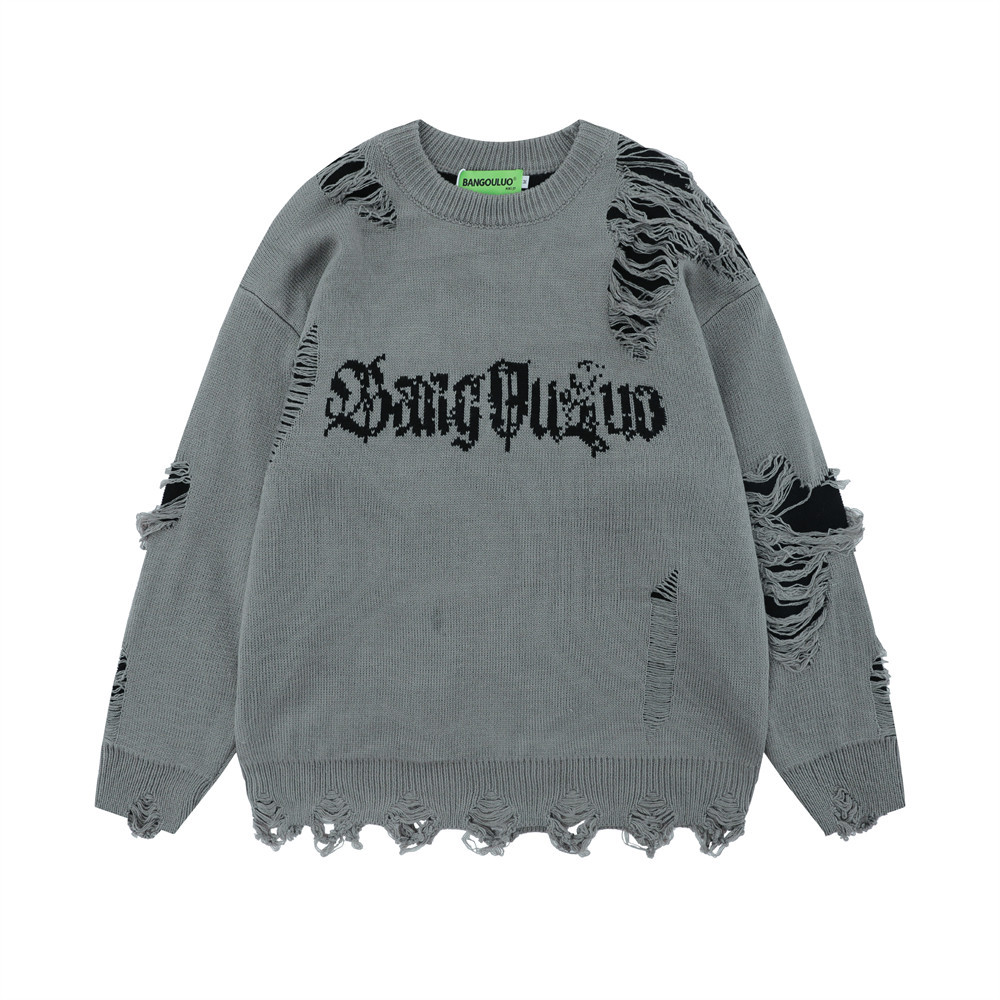 Oem & Odm Fall Hole Sweaters Crew Neck Jacquard Pullover Knitted Damaged Plus Size Men's Sweater