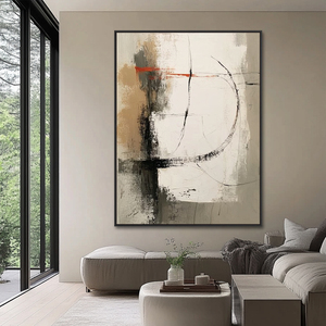 Decorazione per la casa fatta a mano linea Beige nero minimalista parete arte murale astratto Wabi Sabi pittura su tela - Product Image 2