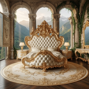 Cama Redonda de Madera con Botones Decorativos de Lujo, Diseño Clásico Grabado, Muebles de Dormitorio de Estilo Antiguo - Product Image 2