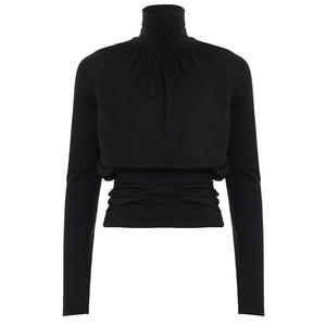 Top Corto de Manga Larga con Cuello Alto y Fruncido para Mujer, Elegante y Minimalista, a la Moda - Product Image 5