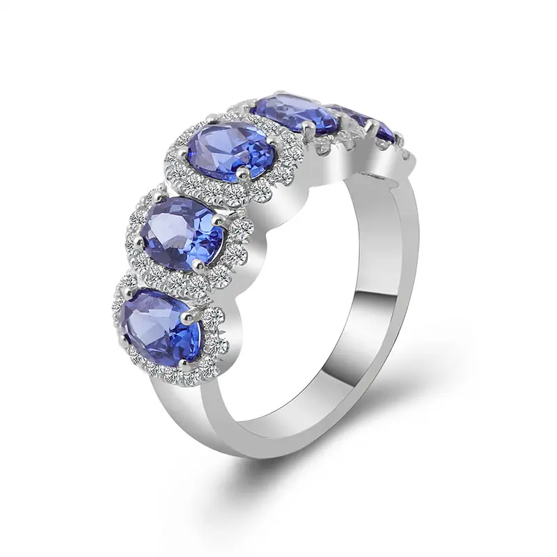 Fabrieksprijzen 10K 14K 18K Wit Goud Ovaal Blauw Saffier Pave Def Moissanite Halve Eeuwigheid Ring Voor Vrouwen Dagelijks Gebruik