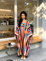 Nouvelle Collection Été 2026 – Robe Kaftan Ample à Rayures Col V avec Poches, Imprimé Ethnique Africain, Boubou Décontracté Grande Taille pour Femme en Polyester