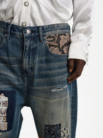 Jean en denim vintage Huanqiu pour homme – Jean streetwear déchiré à taille mi-haute avec patchwork et empiècements en denim tissé