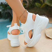 Sandales compensées pour femmes, style Dad, avec empeigne en tricot, à lacets, semelle épaisse, bout ouvert, chaussures décontractées tendance pour l'été