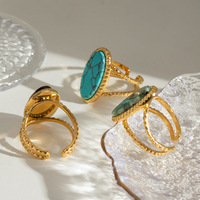 Bague élégante en pierre naturelle avec bagues en pierre précieuse turquoise au design ovale réglable en acier inoxydable or 18 carats