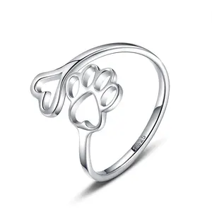 Любителей животных Собака Paw кольца в форме сердец, 925 стерлингового серебра Открыть Регулируемые кольца ювелирные изделия для женщин