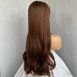 Perruque synthétique longue ondulée brune de haute qualité <span class=keywords><strong>avec</strong></span> <span class=keywords><strong>frange</strong></span> pour femmes, résistante à la chaleur, <span class=keywords><strong>avec</strong></span> ligne de <span class=keywords><strong>cheveux</strong></span> naturelle - Product Image 3
