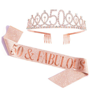 Ensemble couronne et écharpe pour 50e anniversaire, tiare en strass or rose avec écharpe scintillante pour femmes, accessoires de fête - Product Image 1