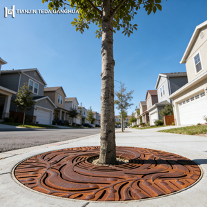 Grille de protection d'arbres en acier Corten sur mesure, ronde, en métal, pour jardin urbain, avec <span class=keywords><strong>patine</strong></span> de <span class=keywords><strong>rouille</strong></span>, OEM disponible - Product Image 6