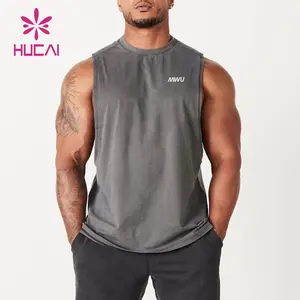 Hucai Custom Stringer Katoen Mouwloos Shirt Vintage Losse Pasvorm Afgesneden Zuur Gewassen Training Gym Tank Top Mannen