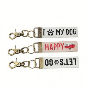 Custom Cream Circle Jet Tag Embroidery Keychain Wristlet <b>Key</b> Fob in Jet Tag Canvas Fabric Made <b>Leather</b> Plush Nylon-for Gifts - Product Image 3