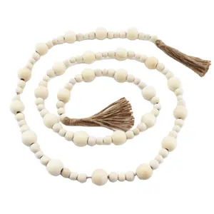 70.8Inch Natural Wood Beads Garland Farmhouse Prayer Round Beads String With Tassels For Wall Hanging Vase Door Decor
