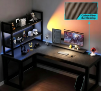 Bureau de jeu en forme de L avec surface texturée en PVC MDF, étagère de rangement, table d'ordinateur pour la maison, le jeu et le bureau
