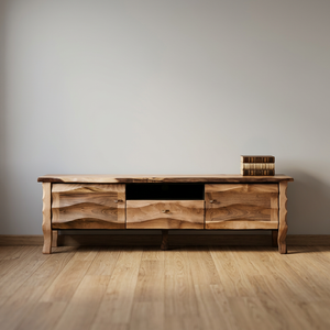 Meuble TV moderne en bois couleur noyer avec panneau décoratif à motif ondulé, console multimédia pour salon, compatible avec les téléviseurs de 65 pouces et plus - Product Image 3