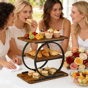Estante de madera de tres niveles para exhibir bocadillos y postres con marco negro para decoraciones de mesa de bodas y fiestas. - Product Image 1