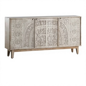 Antique White Solid Mango Wood Handmade Dining Table with Decorative Doors and <b>Metal</b> Handles Rajasthan Origin Home Furniture - Product Image 1