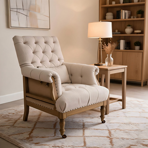 Sillón de Dormitorio con Brazos, Estilo Europeo, Hecho a Mano, Patas Curvas Sólidas, Asiento Acolchado con Botones - Product Image 2