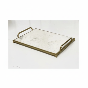Plateau en marbre naturel Pierre à bijoux Plateau de service en marbre naturel Plateau allongé festonné Poignée en laiton - Product Image 1