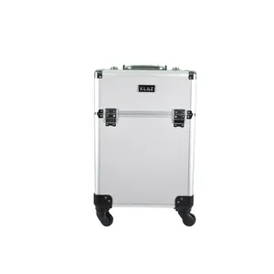 Aluminum Cosmetics Storage Organizer Trolley Case Rolling Makeup Case With 4 Wheels And Dividers