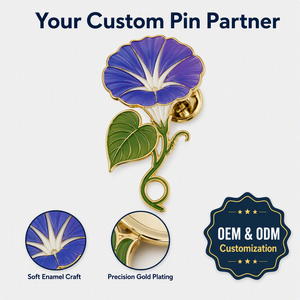 Pin de solapa de esmalte suave personalizado con diseño de flor de trompeta morado-azul, chapado en oro, con hoja y guirnalda, promocional OEM - Product Image 4