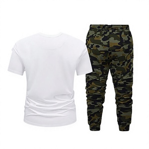 Men's White Crew Neck T-Shirt Camouflage Jogger Pants <b>Set</b> Casual <b>Knitted</b> 100% Cotton Breathable Spring Wear Anti-Shrink Front - Product Image 3