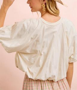 Camicetta da donna oversize color crema con <span class=keywords><strong>maniche</strong></span> <span class=keywords><strong>a</strong></span> sbuffo, girocollo, vestibilità ampia, casual estiva, con orlo voluminoso, stile boho elegante - Product Image 3