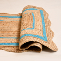 Tapis rectangulaire en jute tressé à la main de style bohème indien, écologique, bordure bleu ciel avec couleur beige, décoration de la maison