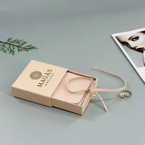 Tiroir d'emballage de bijouterie rose avec logo personnalisé Boîte cadeau de luxe avec pochette à l'intérieur Boîte de rangement coulissante pour bijouterie