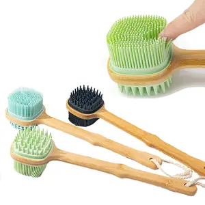 Skin Shower Exfoliator Body Silicone Bath Brush Dry Body Brush With Wooden Long Handle