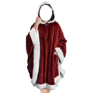 Manta con capucha para envolver, abrigo de felpa portátil, color rojo vino, con bolsillos, calentador, chal, regalo para amigo, esposa, 3134