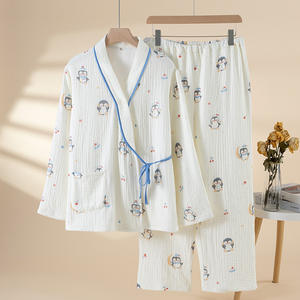 Robe de maternité kimono en gaze à quatre couches en coton Class-A | Doublure matelassée épaissie et chaude, style mignon pingouin, vêtements de nuit de <span class=keywords><strong>grossesse</strong></span> - Product Image 6