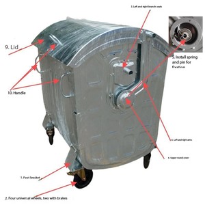 Thùng chứa rác ngoài trời bằng thép mạ kẽm lớn 1100L, thùng rác ngoài trời 300 gallon, thùng chứa rác tái chế đường phố, thùng chứa rác inox 120L miệng mở - Product Image 2