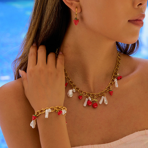 J & <span class=keywords><strong>D</strong></span> grazioso PVD in vetro placcato <span class=keywords><strong>oro</strong></span> <span class=keywords><strong>arancio</strong></span> pesca acrilico collana di perle ciondoli bracciale gioielli Set per le vacanze estive dell'oceano - Product Image 1