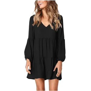 Custom Plus Size Women's V Neck Casual Mid Length Spring Summer Tunic Dress Casual Loose Swing Shift Dresses