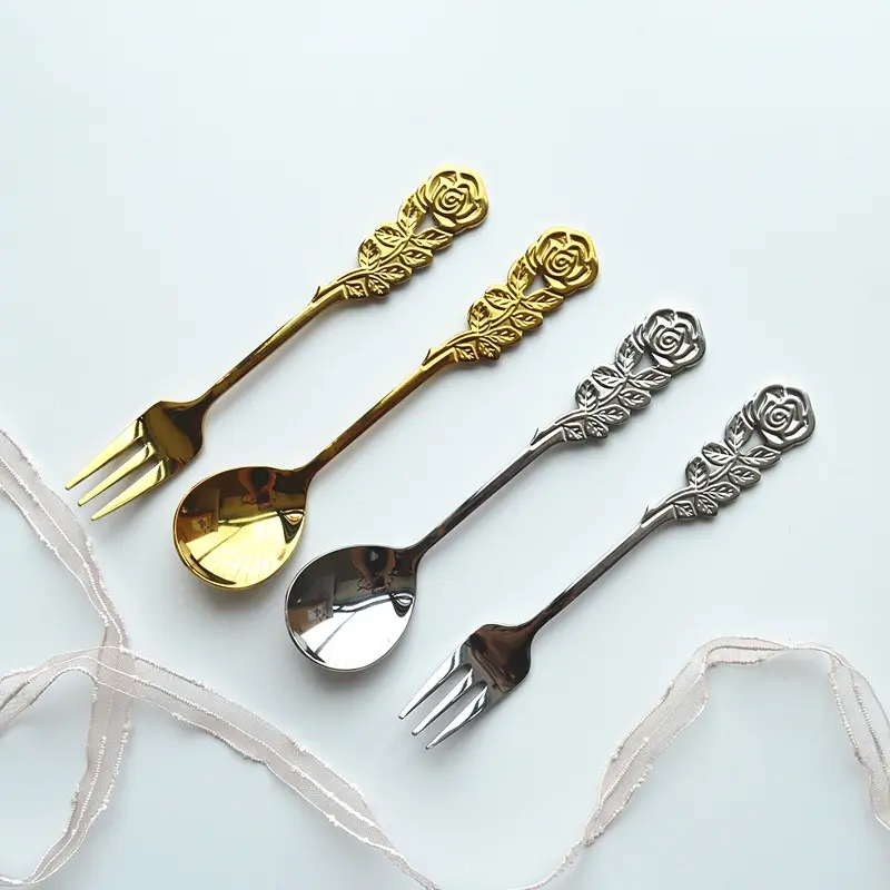 Bán Buôn Vàng Flower Xử Lý Teaspoons 304 Thép Không Gỉ Trà Cà Phê Muỗng Tráng Miệng Fork Set Teaspoon