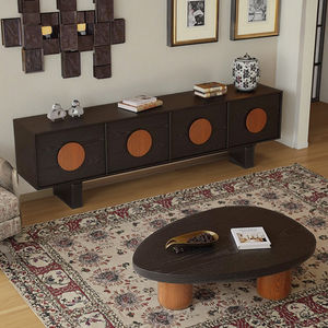 Mobile TV Full Moon in Legno Massello, Set Tavolino da Caffè, Nuovi Mobili di Alta Gamma Stile Mid-Century in Acciaio Inox Anticato per Soggiorno con 2 Cassetti - Product Image 6